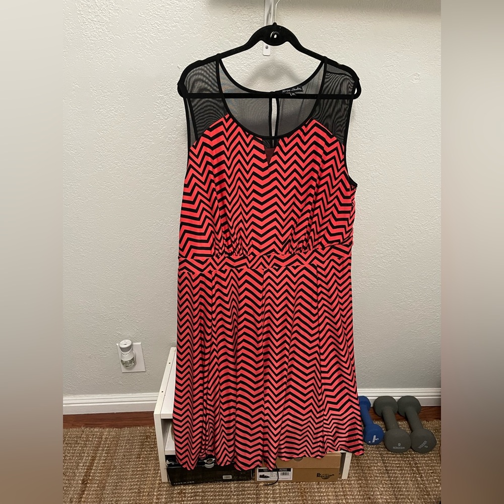 BLACK MESH AND CORAL CHEVRON DRESS